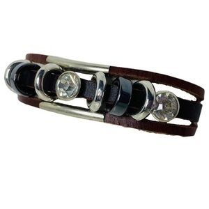 Brown Leather Triple Strand Boho Bracelet with Round Crystal Embellishments